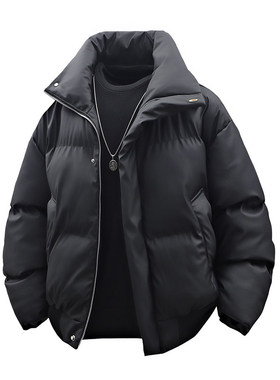 【NO LOGO PLUS】冬季重磅短款羽绒立领PU皮棉衣外套加厚棉服男士