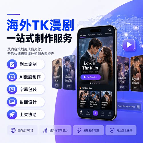 TK短剧开发报白上架运营出海新风口漫剧一站式定制包上线版权交付