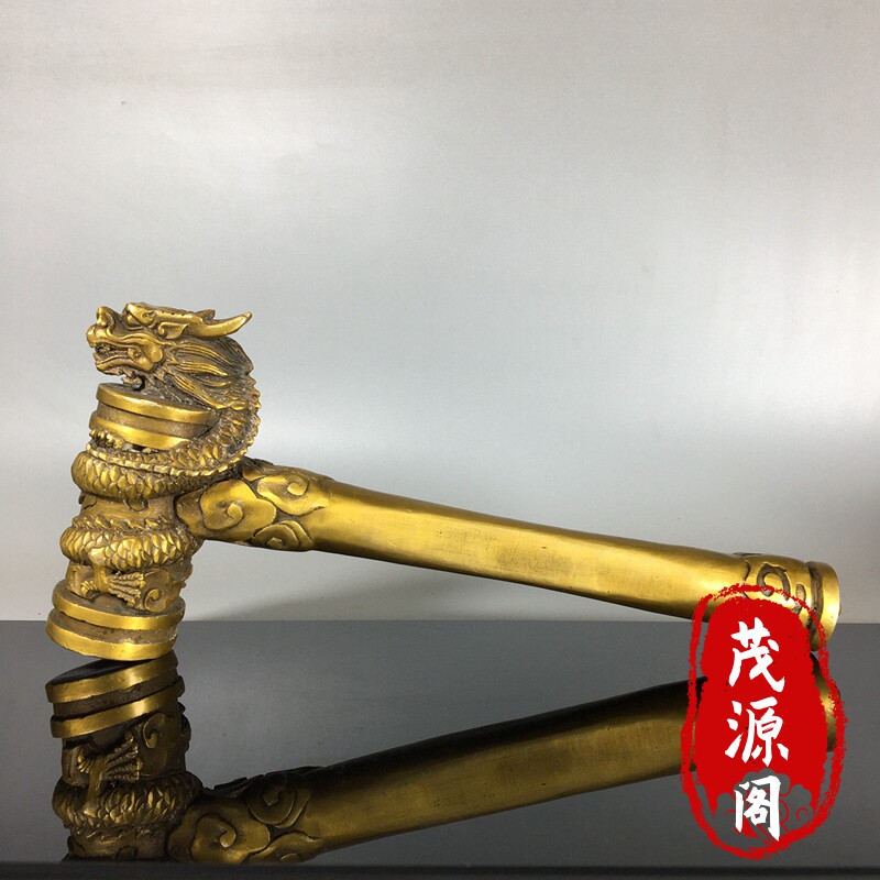 纯铜浮雕龙头锤子开工大吉开业开工锤黄铜锤古董老物件家居摆件