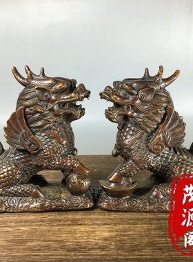 古玩收藏纯铜浮雕瑞兽麒麟摆件一对镇宅招财进宝纳福风水老铜器