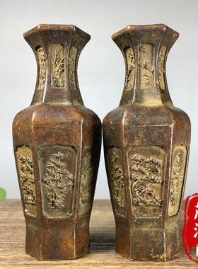 复古纯铜雕刻梅兰竹菊花瓶摆件一对插花瓶老物件装饰品古玩收藏
