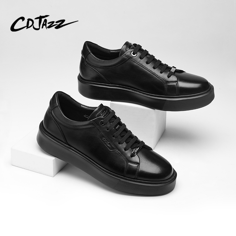 CDJAZZ卡地爵士运动休闲板鞋黑色手工擦色真皮轻质增高男鞋秋冬