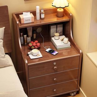 实木床头柜带轮可移动简约现代家用卧室带锁储物柜小型床边置物柜