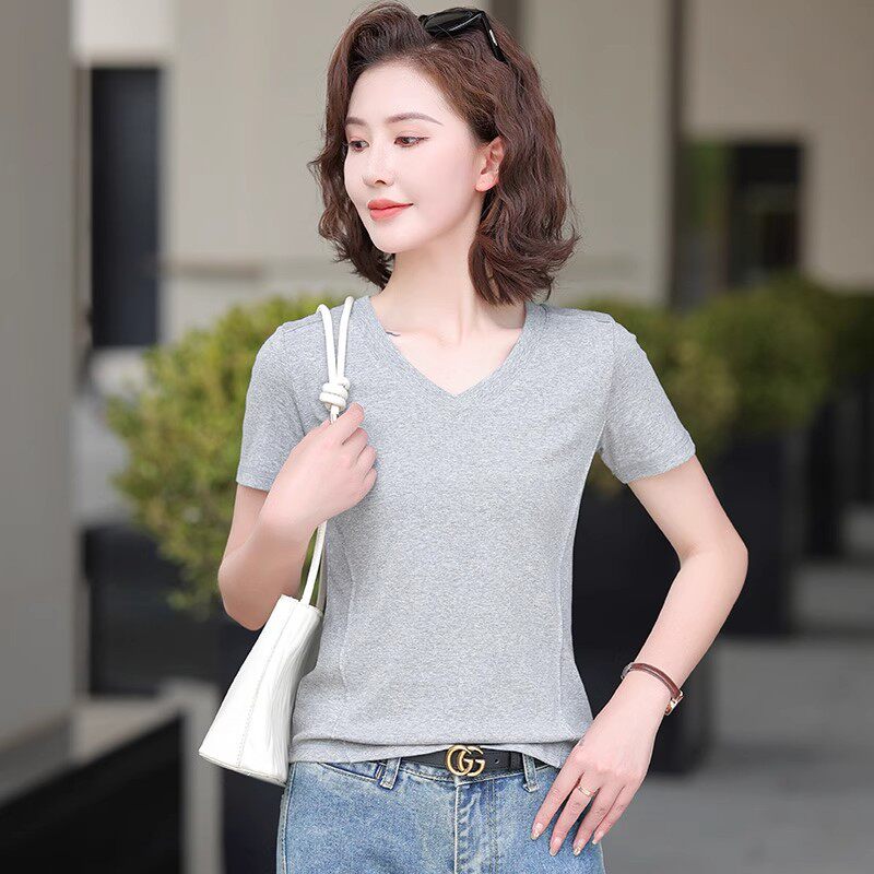 女款安可拉红色正肩半袖休闲百搭打底纯色小衫夏季新款短袖V领T恤