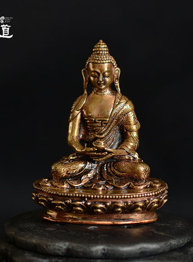 上行道尼泊尔手工精工阿弥陀佛纯铜鎏金佛像随身小佛像3寸高约9cm
