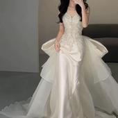 法式 缎面轻婚纱2025新款 重工订婚礼服抹胸出门鱼尾新娘敬酒服125