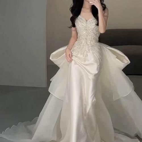 法式缎面轻婚纱新娘小鱼尾敬酒服