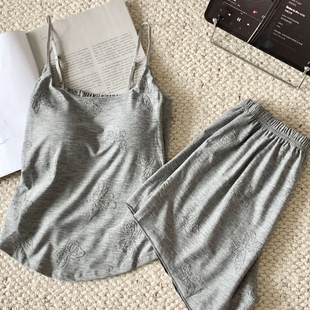两件套甜美蝴蝶高级感带胸垫家居服 灰色睡衣女款 夏季 薄款 吊带短裤