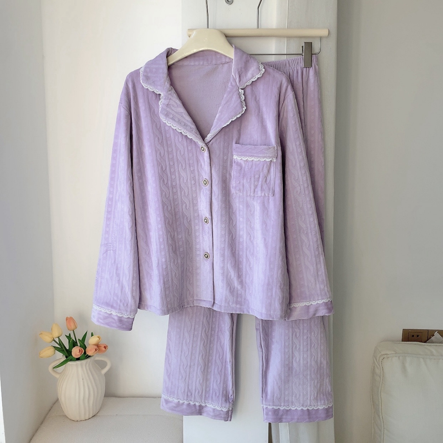 高级感紫色蕾丝边翻领睡衣女秋冬