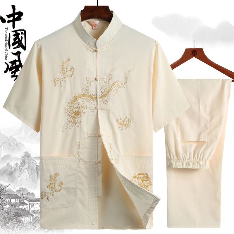 中老年男装夏装套装唐装男短袖中国风刺绣宽松爸爸大码晨练服汉服