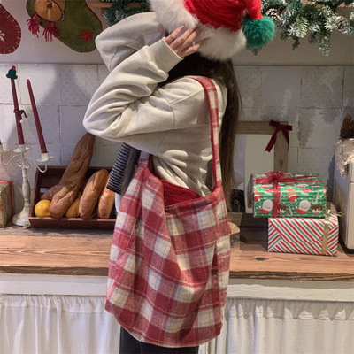 红格子毛呢双面背大容量托特包女