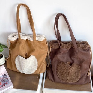 复古麂皮绒可爱刺绣单肩包苹果束口包翻毛托特包毛绒女通勤大容量