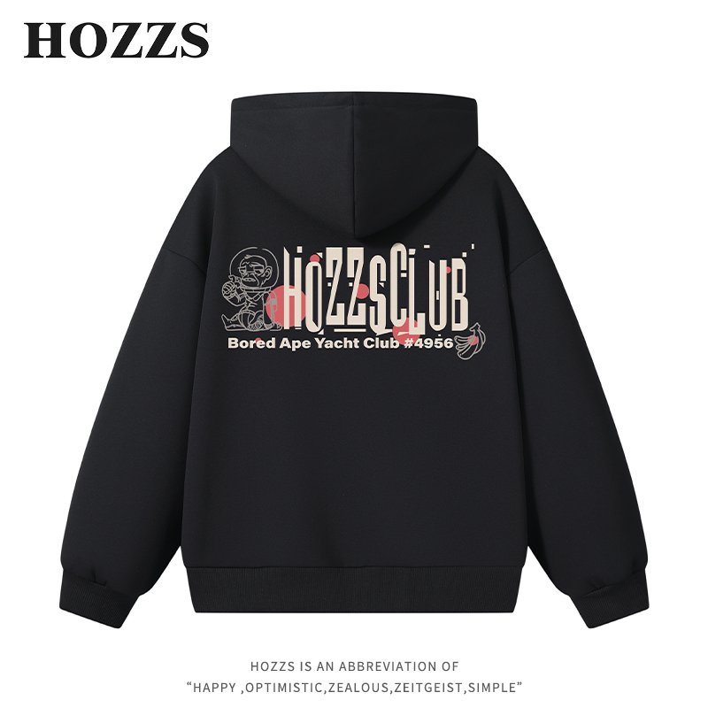 HOZZS/汉哲思趣味卡通涂鸦宇航太空人字母印花连帽宽松休闲卫衣