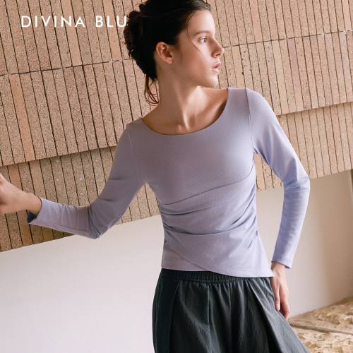 DIVINA BLU迪唯纳波尔图系列华夫格肌理褶皱瑜伽长袖T恤运动上衣