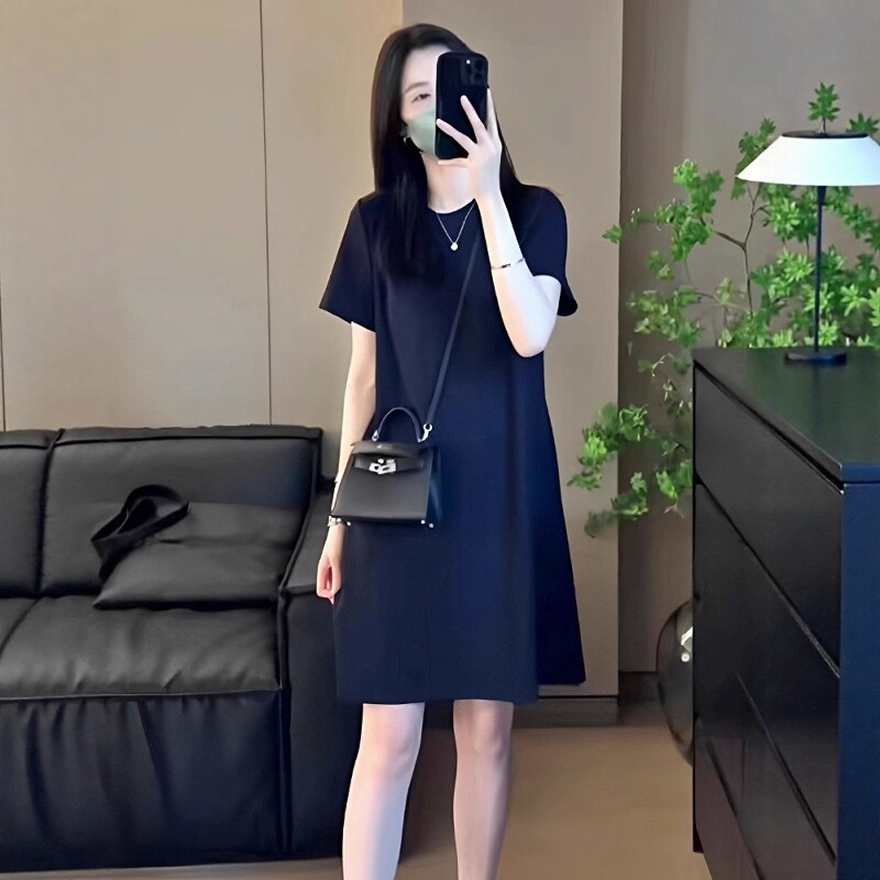 黑色短袖T恤洋装女夏季2026新款韩版洋派宽松显瘦中长版直筒裙