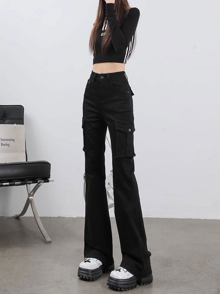 黑色美式微喇工装裤女夏季薄款2026年新款高腰显瘦修身马蹄喇叭裤
