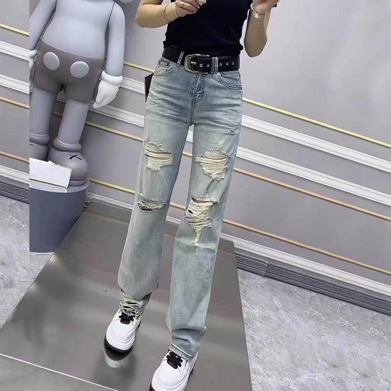 破洞直筒牛仔裤女夏季薄款2025新款小个子高腰显瘦窄版阔腿拖地裤