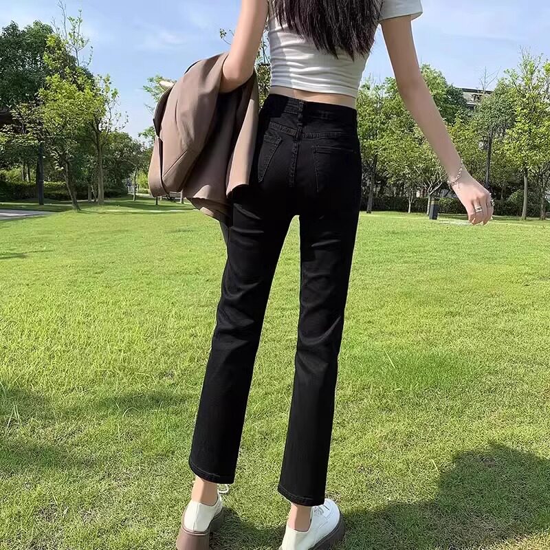 黑色直筒牛仔裤女夏季薄款2025新款高腰修身显瘦小个子九分烟管裤