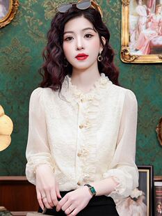 雪纺女衬衫轻奢高级感秋冬2025新款漂亮刺绣蕾丝小衫别致长袖上衣