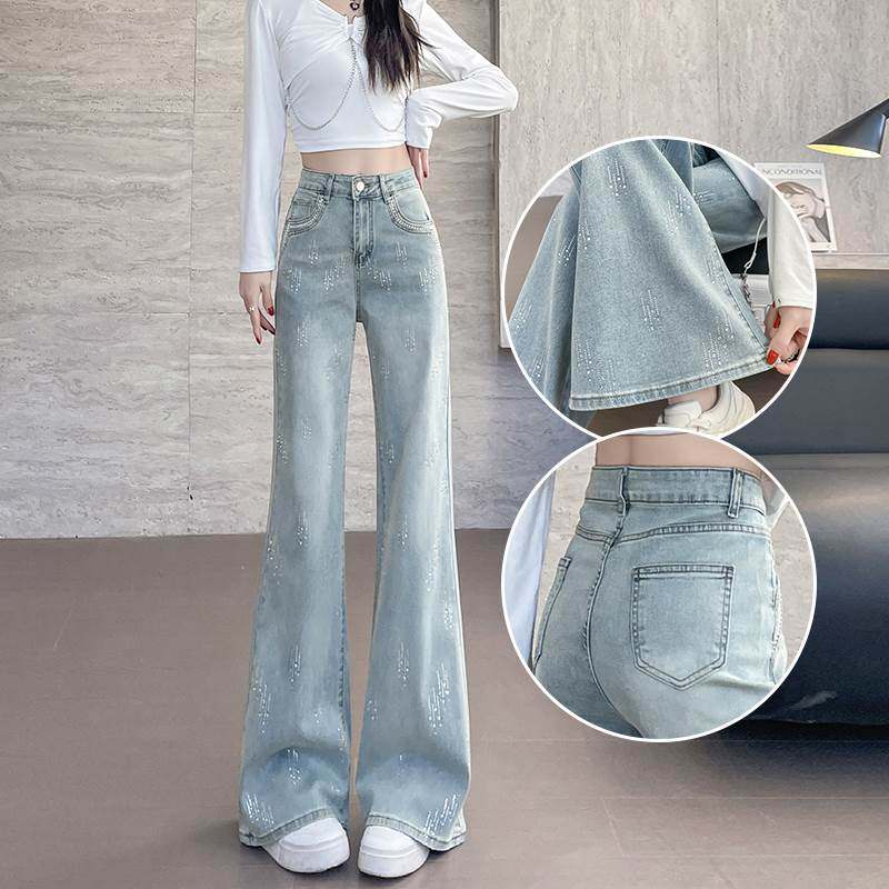 烫钻窄版微喇牛仔裤女春秋2025新款高腰显瘦小个子阔腿拖地喇叭裤