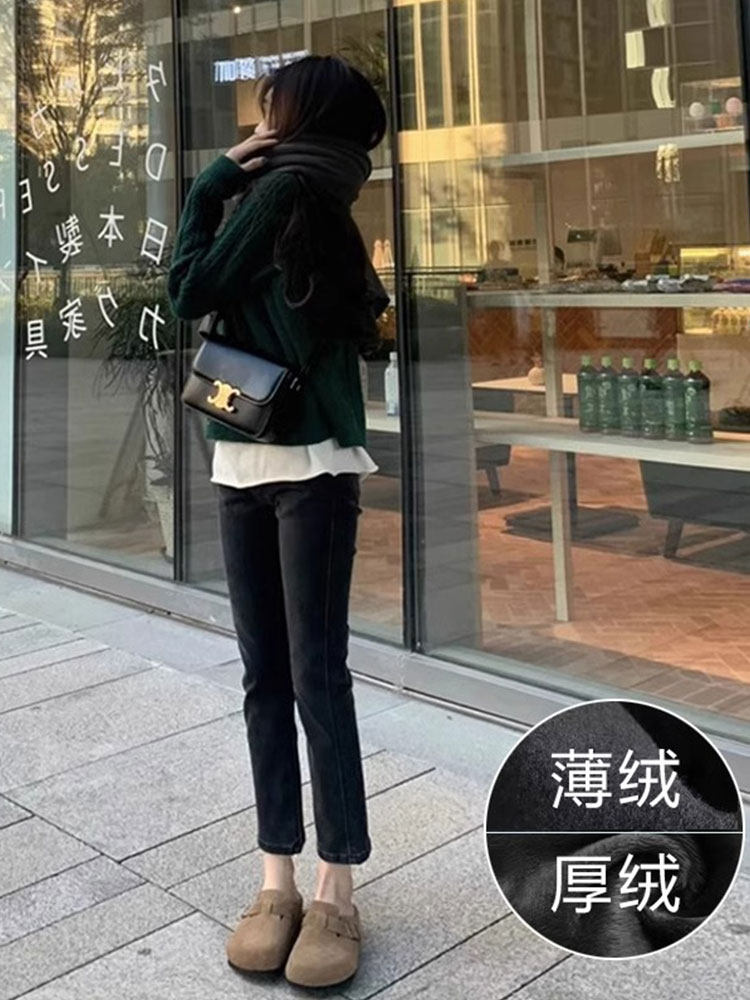 黑色窄版直筒牛仔裤女春秋2025新款高腰显瘦小个子修身九分烟管裤