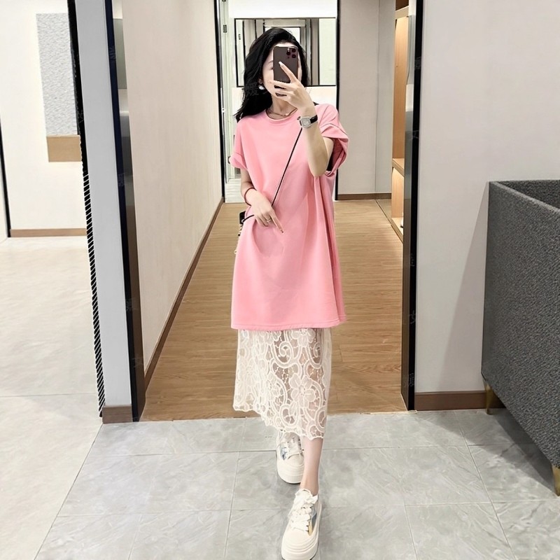 套装裙女夏季2026新款高级感气质中长款短袖t恤蕾丝半身裙两件套