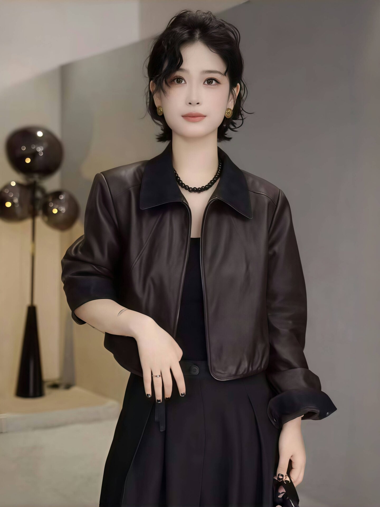 秋冬皮衣外套女2025新款时尚洋气高级感撞色百搭短款翻领夹克上衣