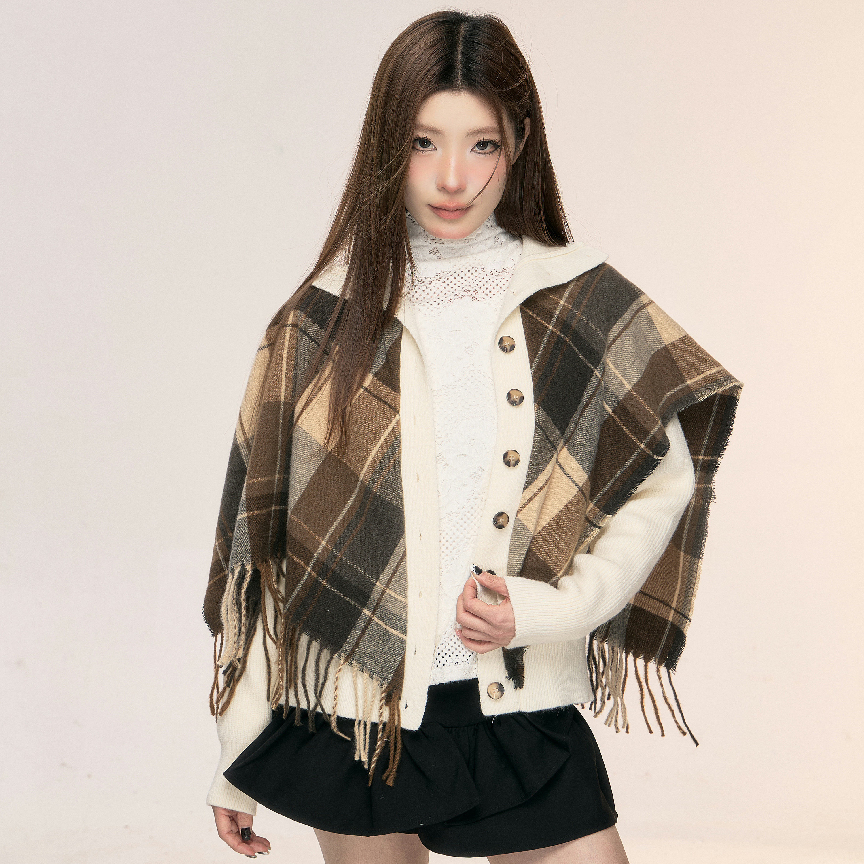 ISTYNI官方店小立领格纹围巾拼接针织开衫女设计感时尚上衣秋冬款
