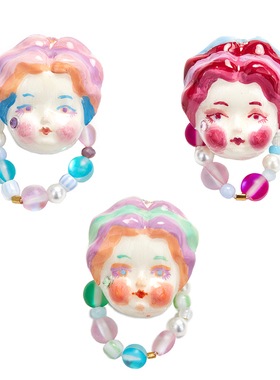 Unlogical Poem x Trout_san 手绘马卡龙色系树脂娃娃头弹力戒指