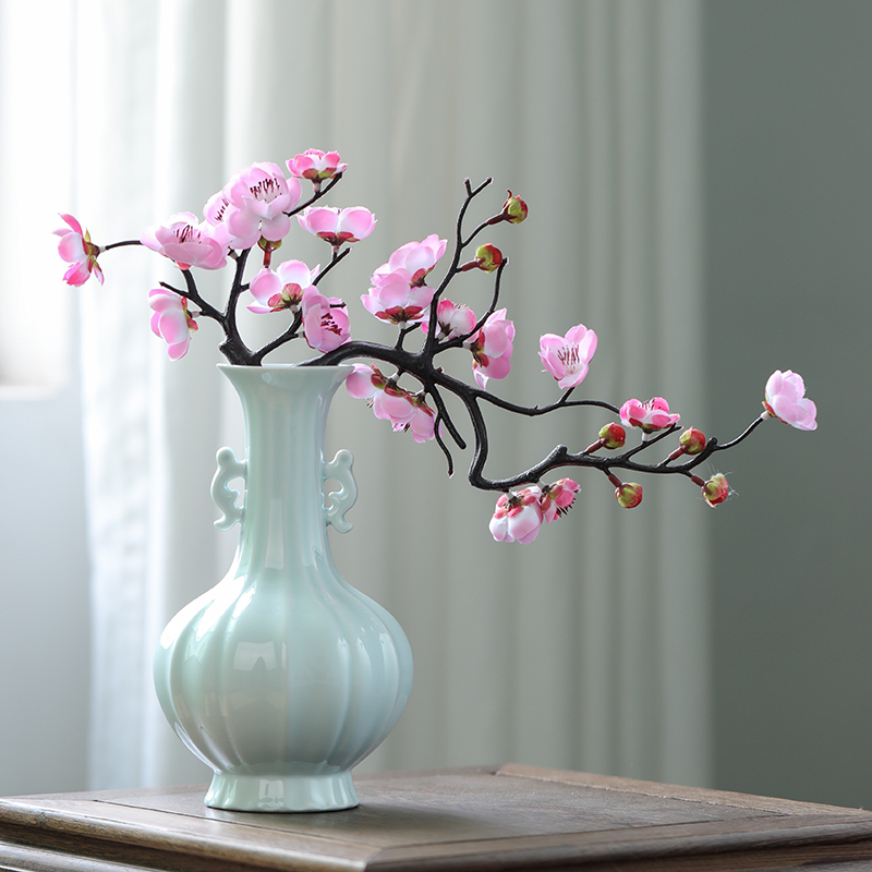 景德镇复古仿宋湖田窑影青釉瓜棱双耳瓶中式仿古花插花瓶桌面花器