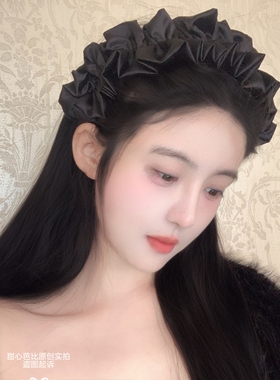 原创黑色荷叶边百褶发箍增高颅顶发箍女款蓬松发卡显脸小宽边头箍