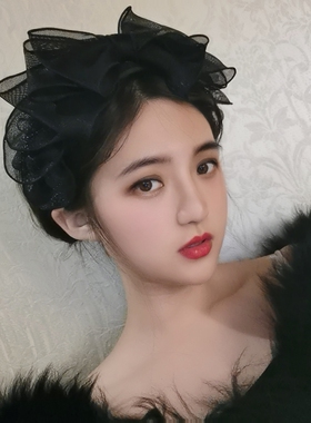 原创法式复古黑色层层网纱大蝴蝶结发箍宽边发卡荷叶边发饰韩版