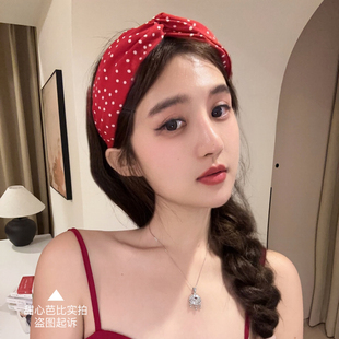 复古女郎～气质正红色波点交叉打结发箍新款头饰发带女甜美芭比