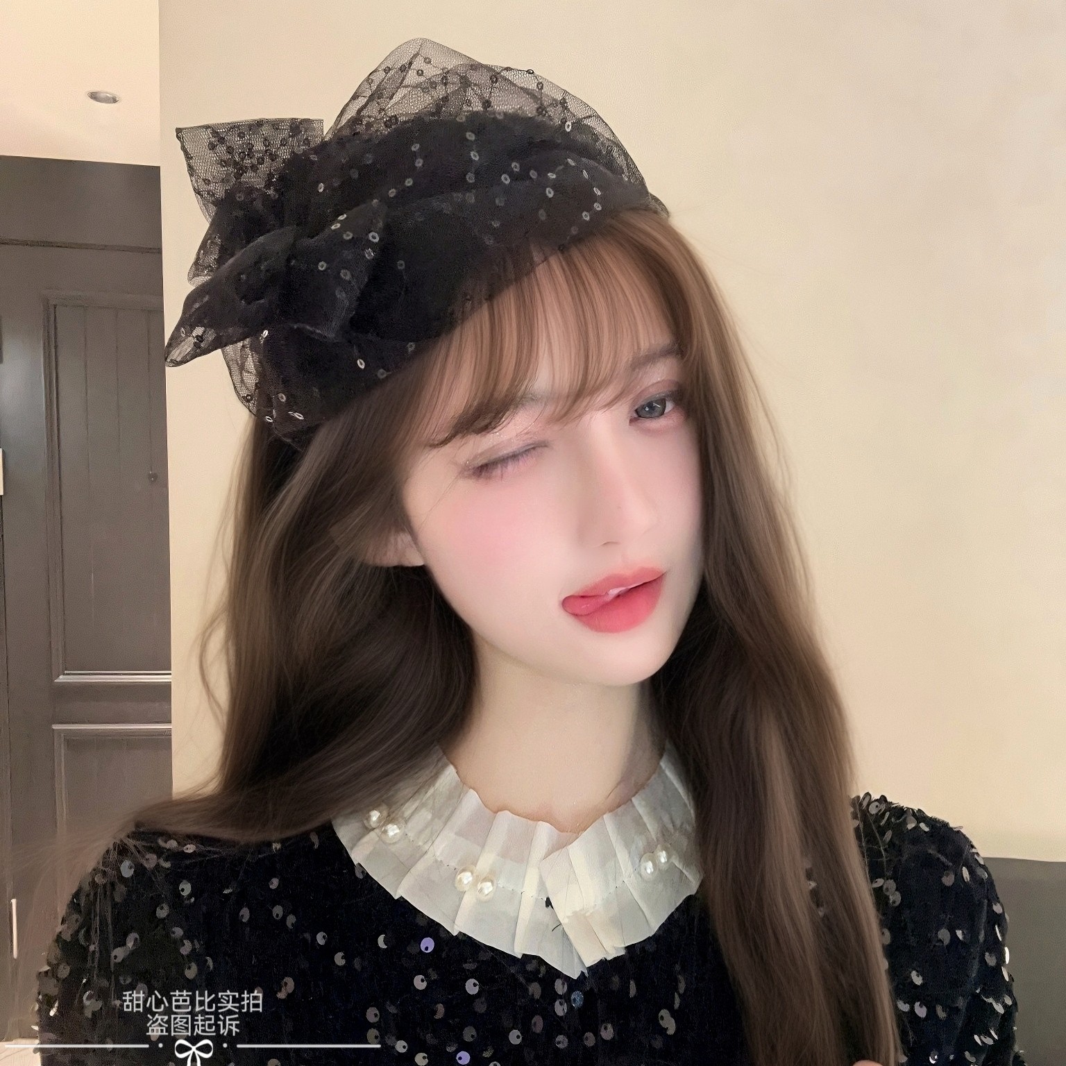 原创春夏黑纱点点泡泡纱蝴蝶结半帽洋气宽边发箍头箍女头饰遮白发