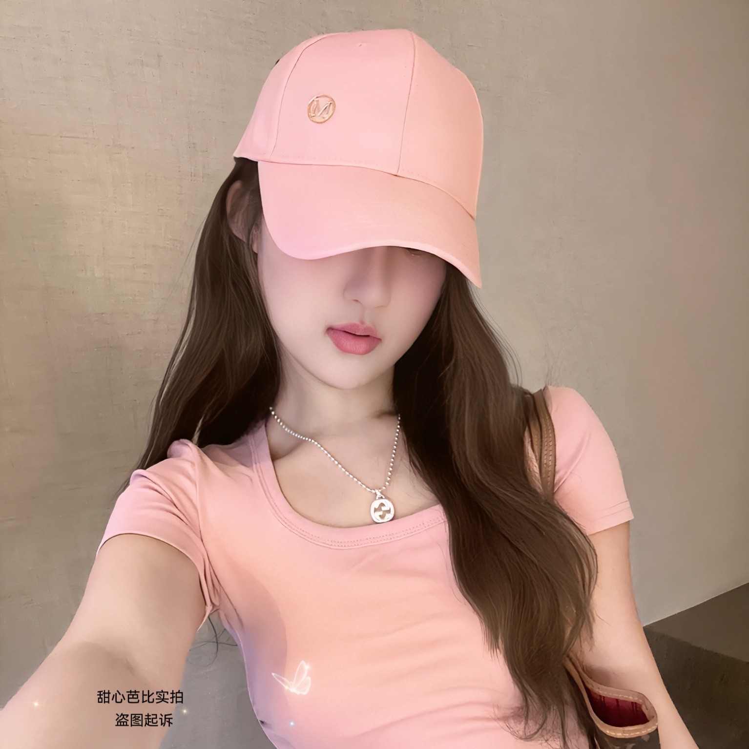 韩国春夏粉色M标硬顶鸭舌帽女显脸小百搭棒球帽男时尚遮阳帽子女