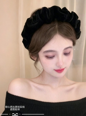 原创纯黑复古丝绒褶皱发箍增高颅顶女法式外出百搭头箍发卡发饰女