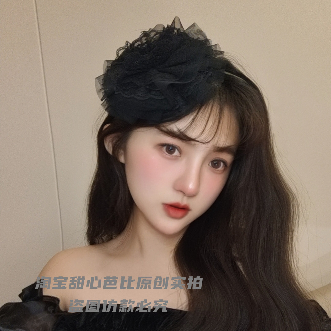 原创法式复古蕾丝玫瑰花朵发箍小礼帽子发卡荷叶黑色网纱发饰