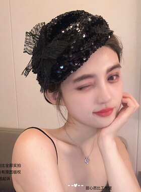 原创黑色亮片蕾丝半帽蝴蝶结小帽子发箍洋气百搭头箍女士头饰品女