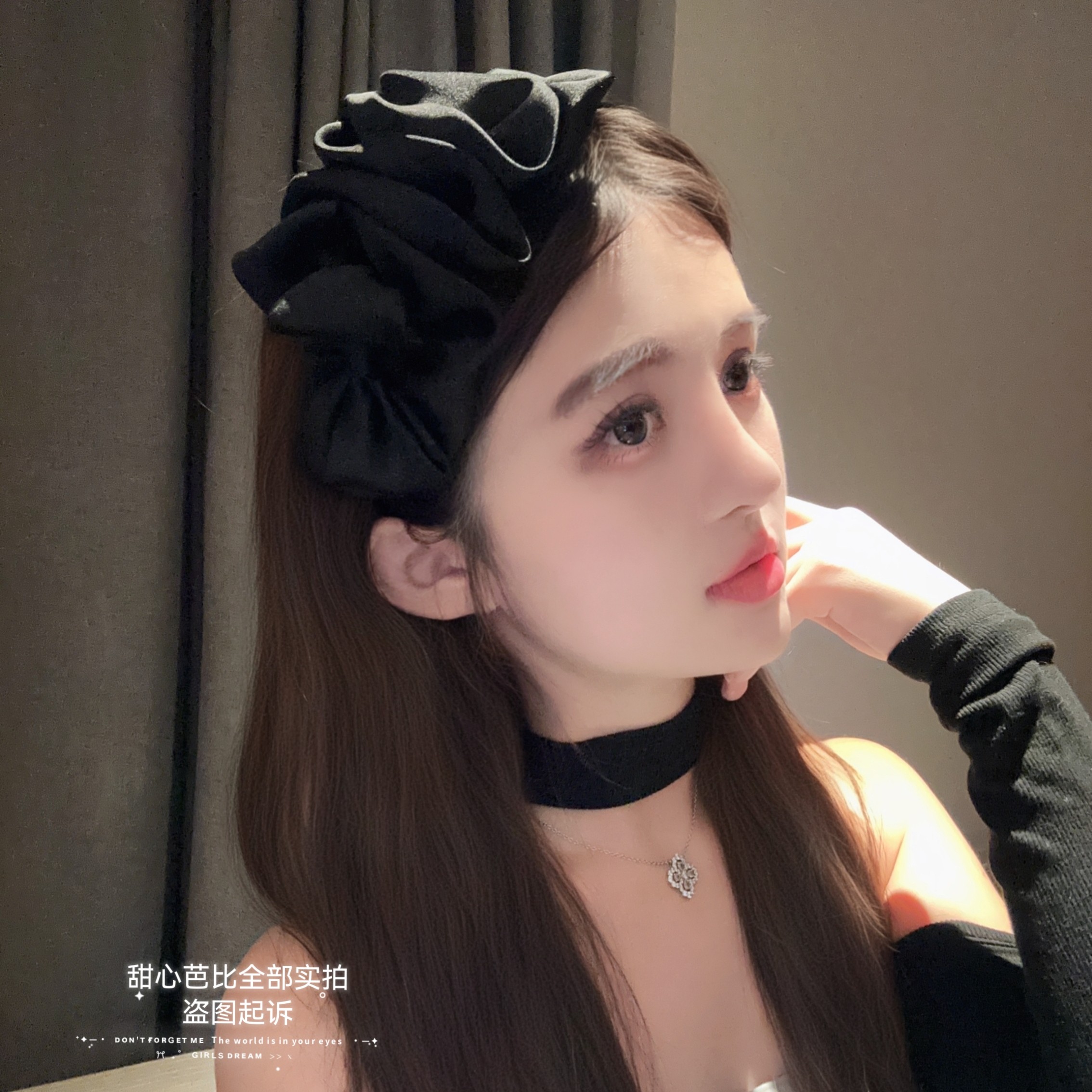 原创法式复古黑色层层绸缎大蝴蝶结发箍宽边发卡荷叶边发饰品韩版