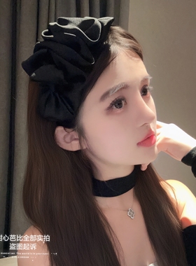 原创法式复古黑色层层绸缎大蝴蝶结发箍宽边发卡荷叶边发饰品韩版