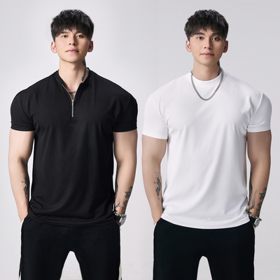 GD夏季轻薄透气小方格显大短袖T恤男士运动休闲健身跑步训练衣服