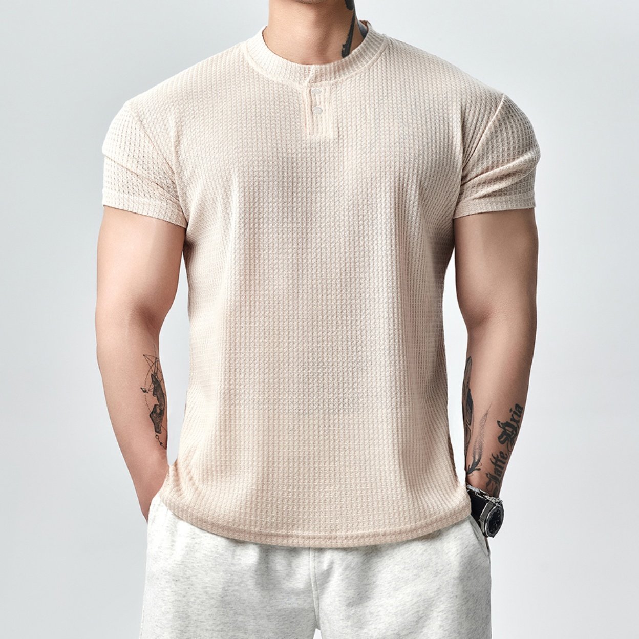 GD亨利领收袖显大短袖T恤男夏季高级感透气肌理运动休闲健身衣服,运动服/休闲服装,健身衣,淘宝优惠券,粉丝福利购,淘宝优惠卷