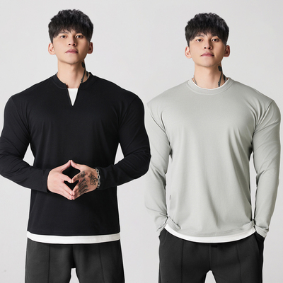 GYMDOG重磅垫肩显大假两件长袖T恤男运动休闲健身训练打底衣服