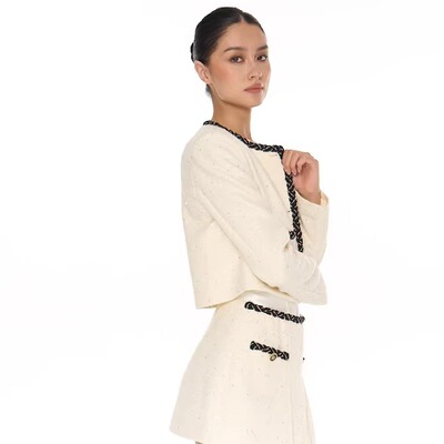 小香风粗花呢喇叭袖高腰半裙套装