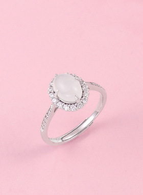 s925纯银白玉髓蛋面戒指女古风小众镶钻高级感气质个性开口食指戒