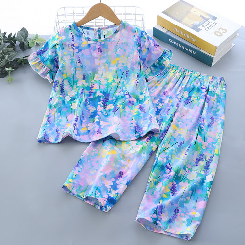 夏季女童棉绸短袖长裤家居服套装