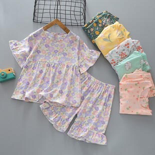 套装 儿童睡衣夏季 短裤 短袖 宝宝人造棉舒适家居服 薄女童棉绸娃娃衫