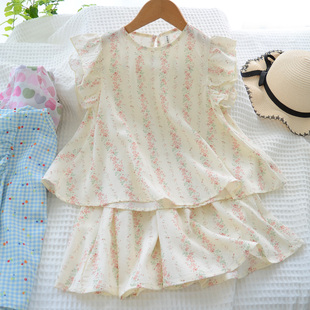 女童夏季 上衣裙裤 新品 宝宝人造棉飞袖 两件套 儿童棉绸套装 洋气童装