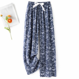 加大居家空调睡长裤 薄人造棉清凉可外穿防蚊裤 女士绵绸阔腿裤 夏季