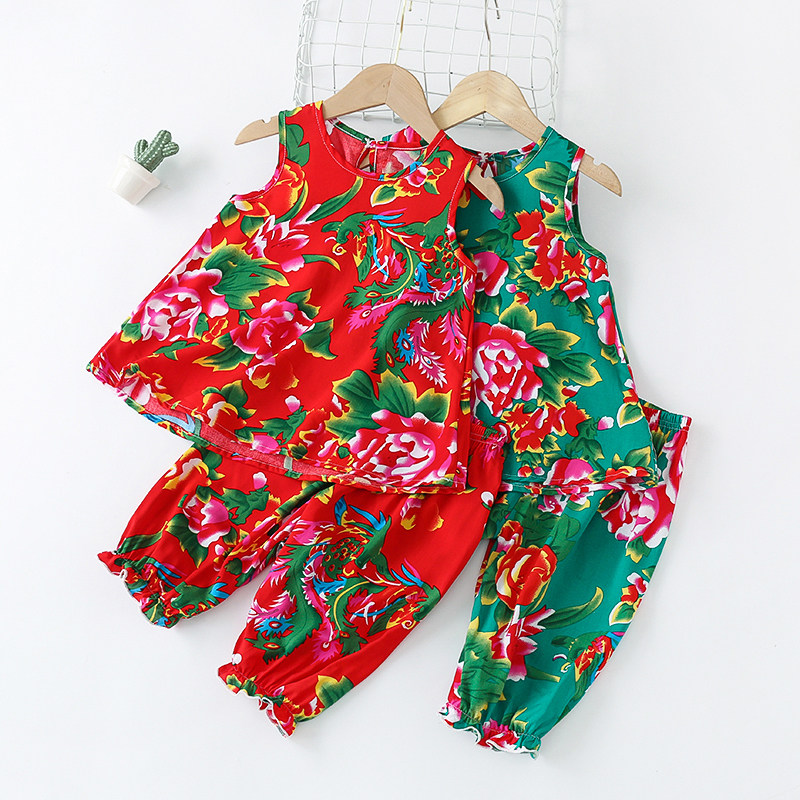 儿童夏季薄款绵绸东北大花民族风背心七分裤人造棉家居服睡衣套装